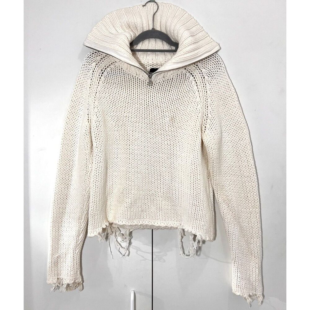 R+ A Sweater Womens L Chunky High Neck 1/4 Zip Ivory Distressed Pullover FLAW‎